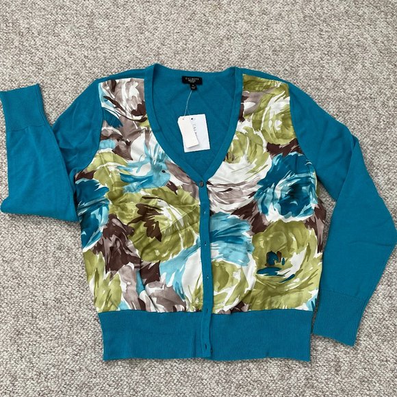NWT Talbots Cardigan Sweater Silk Top Floral Long Sleeve Medium Petite - Picture 5 of 8